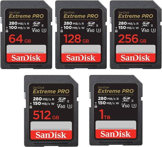 SanDisk SDXC Extreme PRO 280MB/s UHS-II Flash Memory Card 64GB 128GB 256GB 512GB 1TB